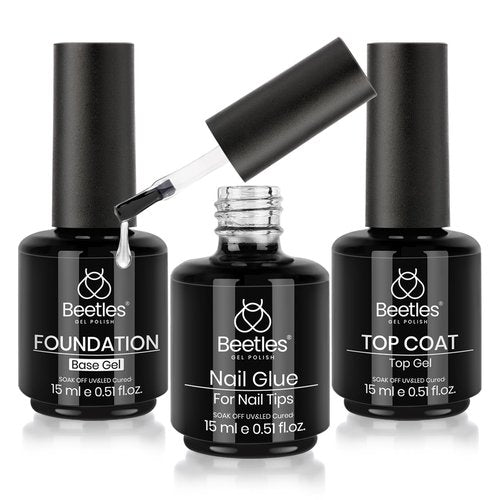 Beetles Top Coat Base Gel & Nail Glue Set-3Pcs No Wipe Top Coat Gel Nail Polish & Base Coat with 9 In 1 Nail Glue Shine Effect Long Lasting Soak Off Uv Light Lamp Diy Nail Gifts for Women & Girls