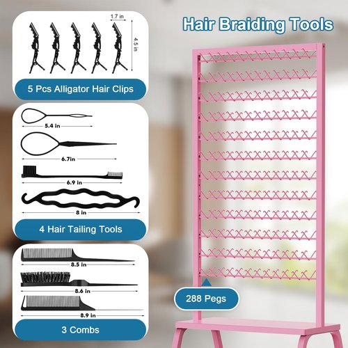 Portable Braiding Hair Rack with Wheels & Storage Drawers,2-Sided 288 Pegs,Hair Extension Holder Hanger for Braiding Hair Separator Stand Display,Hair Rack with Stylist Hair braiding Tools（Pink）