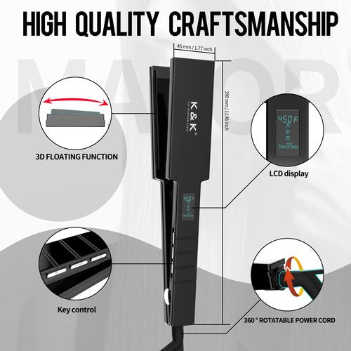Professional Wide Titanium K&K Flat Iron 1.75 Inch Hair Straightener for Straight and Curly Hair (45mm)
