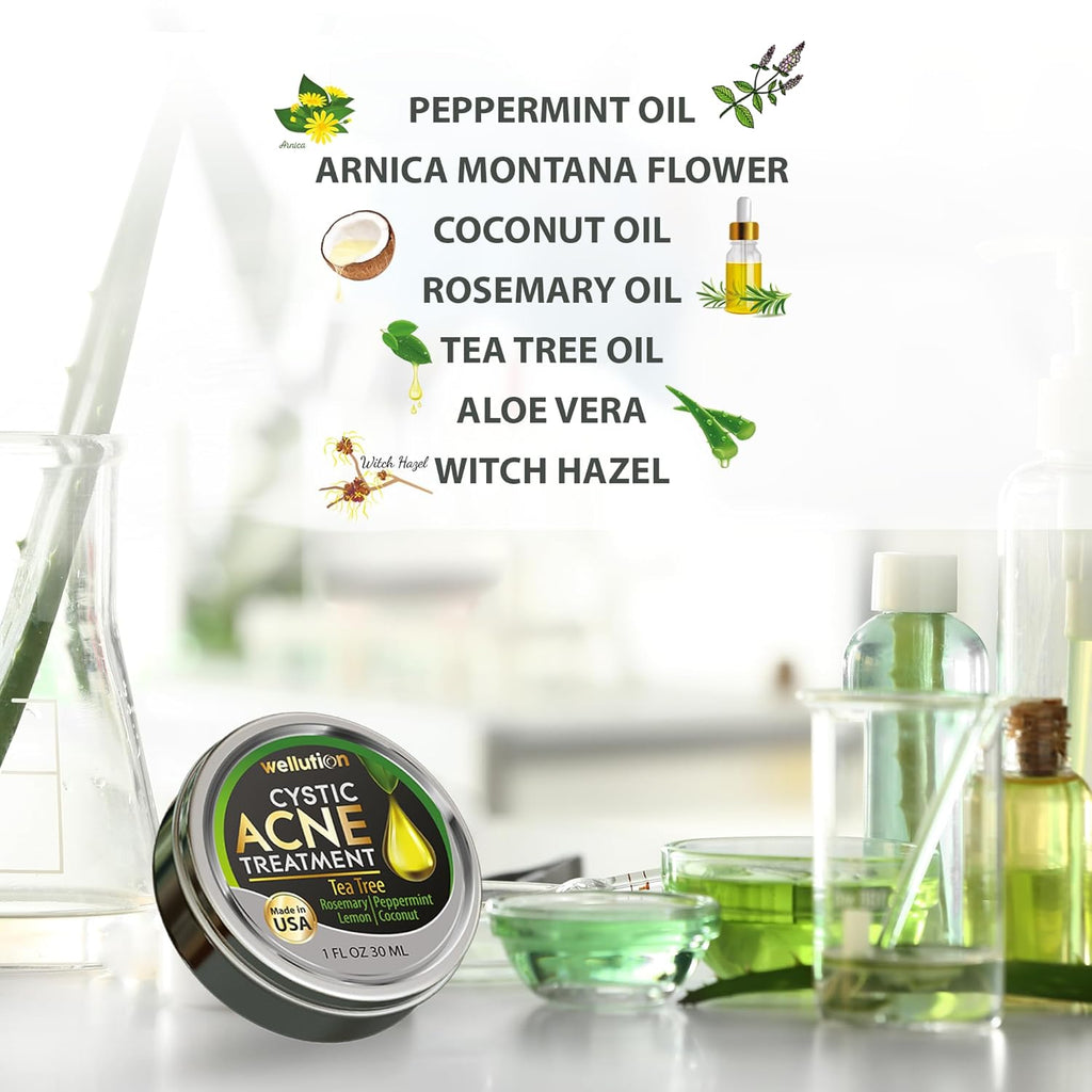 WELLUTION Cystic Acne Spot Treatment - Fast-Acting Tea Tree Cream for Pimples & Blemishes - 1oz Non-Greasy Formula