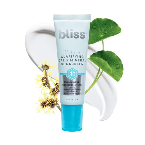 Bliss Block Star Daily Mineral Sunscreen - Broad Spectrum SPF 30 for Blemish Prone Skin | 1.4 Fl Oz