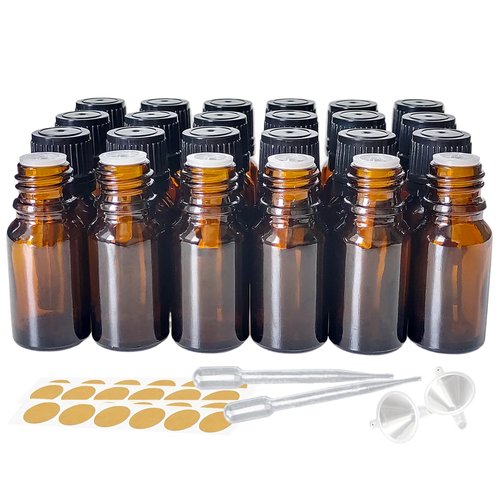DZREVEOTA 24 Pack 10ml Amber Glass Essential Oils Bottles Empty Glass Dropper Vials Sample Bottle With Orifice Reducer and lid,for Aromatherapy Oils (Amber, 10ml)
