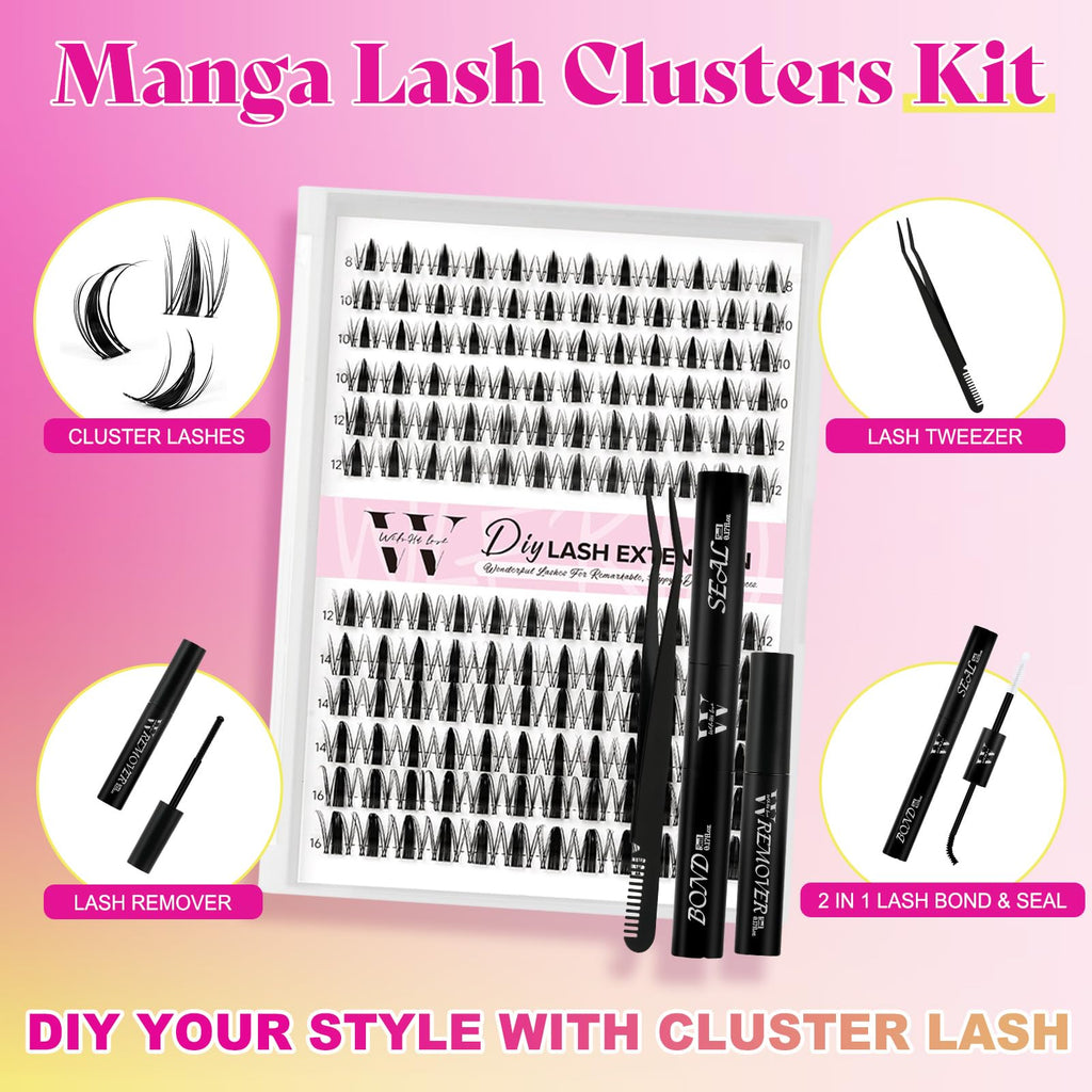 WLFRHD Manga Lash Clusters Kit DIY 144Pcs Fairy Eyelash Clusters Natural Lashes Kit with Anime Lash Clusters Bond and Seal, Remover and Tweezers for Invisible Band Eyelash Extensions Kit(D-Mix8-16mm)
