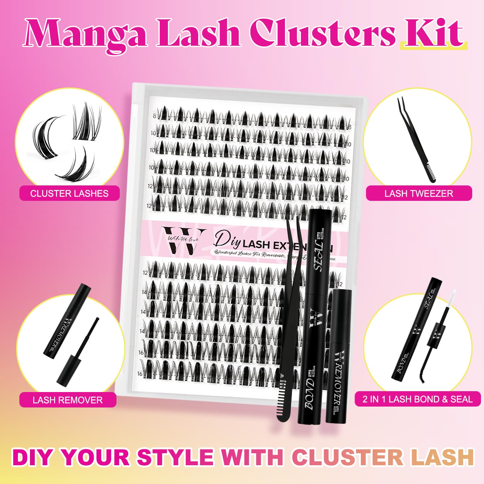 WLFRHD Manga Lash Clusters Kit DIY 144Pcs Fairy Eyelash Clusters Natural Lashes Kit with Anime Lash Clusters Bond and Seal, Remover and Tweezers for Invisible Band Eyelash Extensions Kit(D-Mix8-16mm)