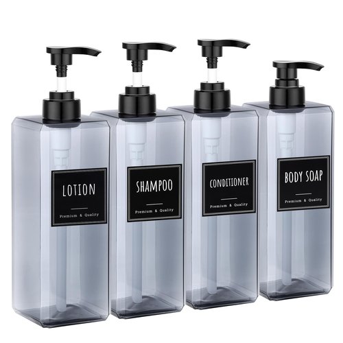 Segbeauty 33.8oz Shampoo and Conditioner Dispenser with Labels, 4pcs Refillable Plastic Empty Body Lotion Soap Dispenser Hand Liquid Container for Bathroom, 1000ml Gray Large Pump Bottle for Kitchen