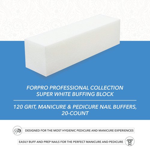 ForPro Super White Buffing Block, 120 Grit, Four-Sided Manicure and Pedicure Nail Buffer, 3.75” L x 1” W x 1” H, 20-Count (Pack of 2)