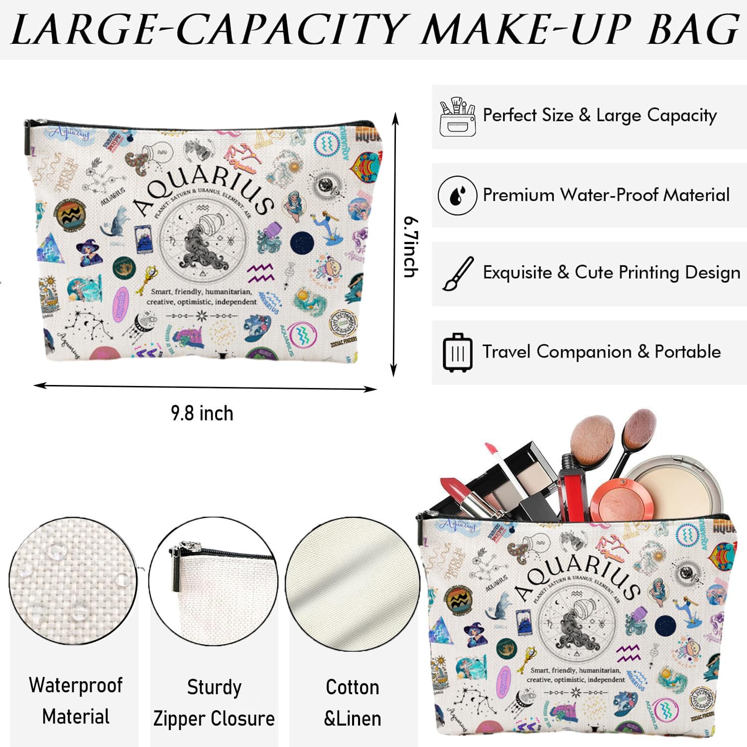 XYZONE Aquarius Gifts for Women, Aquarius Zodiac Cosmetics Bag, Travel Makeup Bags, Aquarius Birthday Gifts for Women & Astrology Lovers