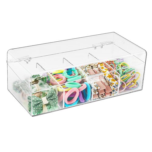 JessLab Hair Accessories Organizer for Girls, Acrylic Hair Bow Tie Clip Scrunchie Holder with Dividers, Clear Stackable Storage Box for Bathroom, Bedroom, Vanity Countertop, 4 Compartment