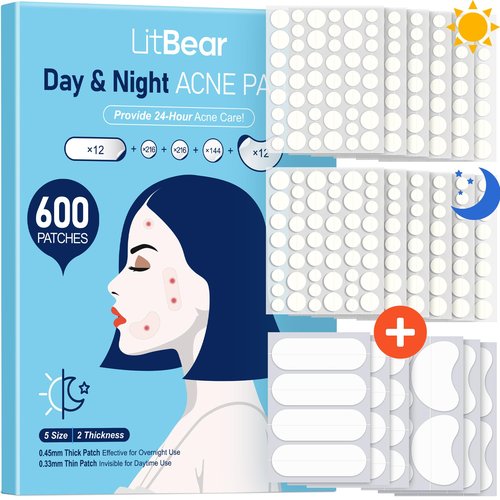 LitBear Pimple Patches for Face, 600 Counts Day and Night Acne Patches, Hydrocolloid Patches for Covering Zit and Blemishes, Large Breakouts, 5 Sizes Thin & Thick Spot Dots Stickers for Chin, Forehead