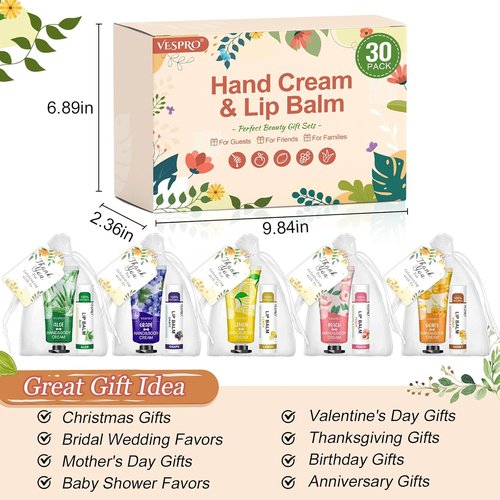 VESPRO Hand Cream and Lip Balm Set - 30 Pack Bulk Gift Set with Thank You Cards & Organza Bags | Perfect for Mother's Day, Weddings, Birthdays, Teacher & Nurse Appreciation