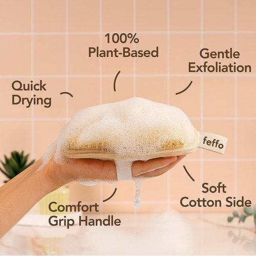Feffo Natural Loofah Sponge for Body Scrub, Exfoliating Body Scrubber & Loofah with Handle, Exfoliating Pads, Loofah for Women, Men & Kids (2 Count - 1 Pack, Oval)