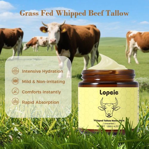 Lopeie Beef Tallow for Skin - Organic Grass Fed Whipped Moisturizer with Honey Balm, Natural Hydrating Cream for Face & Body, Relief for Dry & Sensitive Skin (4.23oz, Unscented)