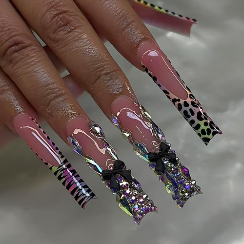 24Pcs Extra Long Press on Nails Square Shape Fake Nails Colorful Leopard French False Nail Tips Long Glossy Acrylic Nails Full Cover Rhinestones and Gems Glue on Nails Bow Nails for Women and Girls