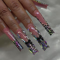 24Pcs Extra Long Press on Nails Square Shape Fake Nails Colorful Leopard French False Nail Tips Long Glossy Acrylic Nails Full Cover Rhinestones and Gems Glue on Nails Bow Nails for Women and Girls