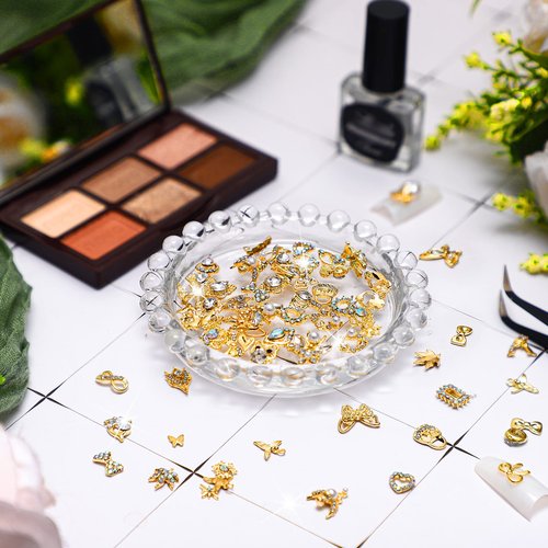 Lounsweer Gold Nail Charms and Gems Metal Crown Heart Butterfly Angel Luxury Crystal Diamonds Decor 3D Gold Rhinestones Shiny for Acrylic Nails Art Alloy Women Art Design DIY