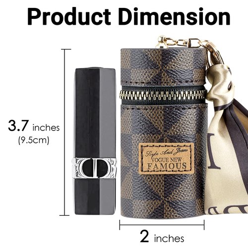 Adorila 2-Pack Zippered Lipstick Case Keychain with Scarf Charm, Mini Vegan Leather Lip Gloss Pouch for Purse (Brown+White)