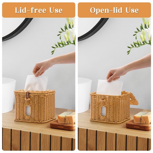 Hordely Facial Clean Skin Club Face Towels Holder for Bathroom, Plastic Rattan Disposable Face Towel Holder, Farmhouse Style for XL Face Towels Box Basket with Lid, Light Brown
