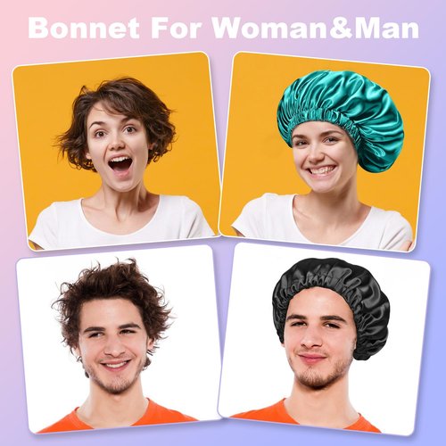 MIAETFH 2PCS Silk Sleeping Bonnet，Double Layer Satin Bonnet for Women，Adjustable Silk Hair Cap, Shower Cap, Ideal Gift (Black+Blue)