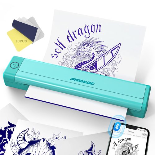 Padieoe Tattoo Stencil Printer, 2000mAh Wireless Thermal Tattoo Printer with 10PCS Transfer Paper, Compatible with Phone/Tablet/PC, Portable Thermal Transfer Machine for Tattooists & Beginners
