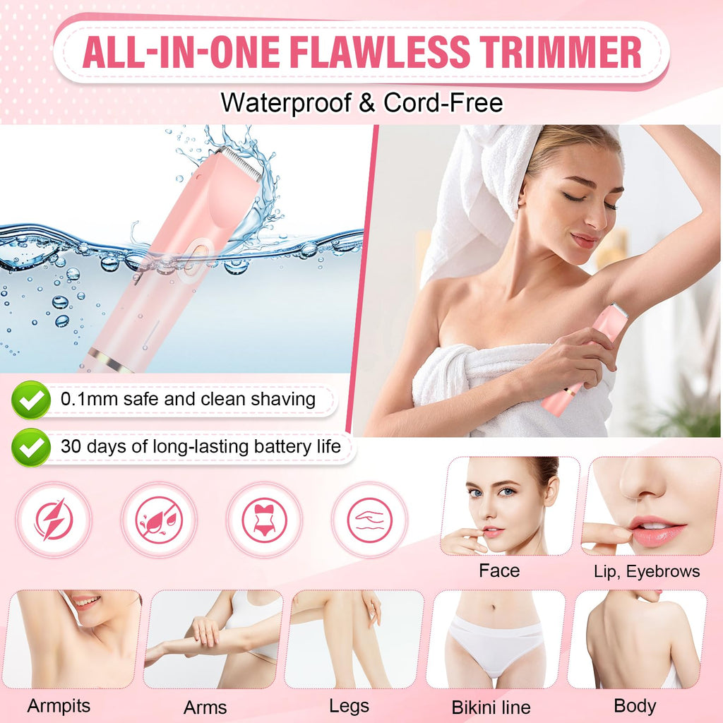 Women's Bikini Trimmer, 2-in-1 Electric Shaver for Bikini Line, Legs, Underarms, Face - Waterproof Women's Electric Shaver for Sensitive Skin, USB Rechargeable (Pink)