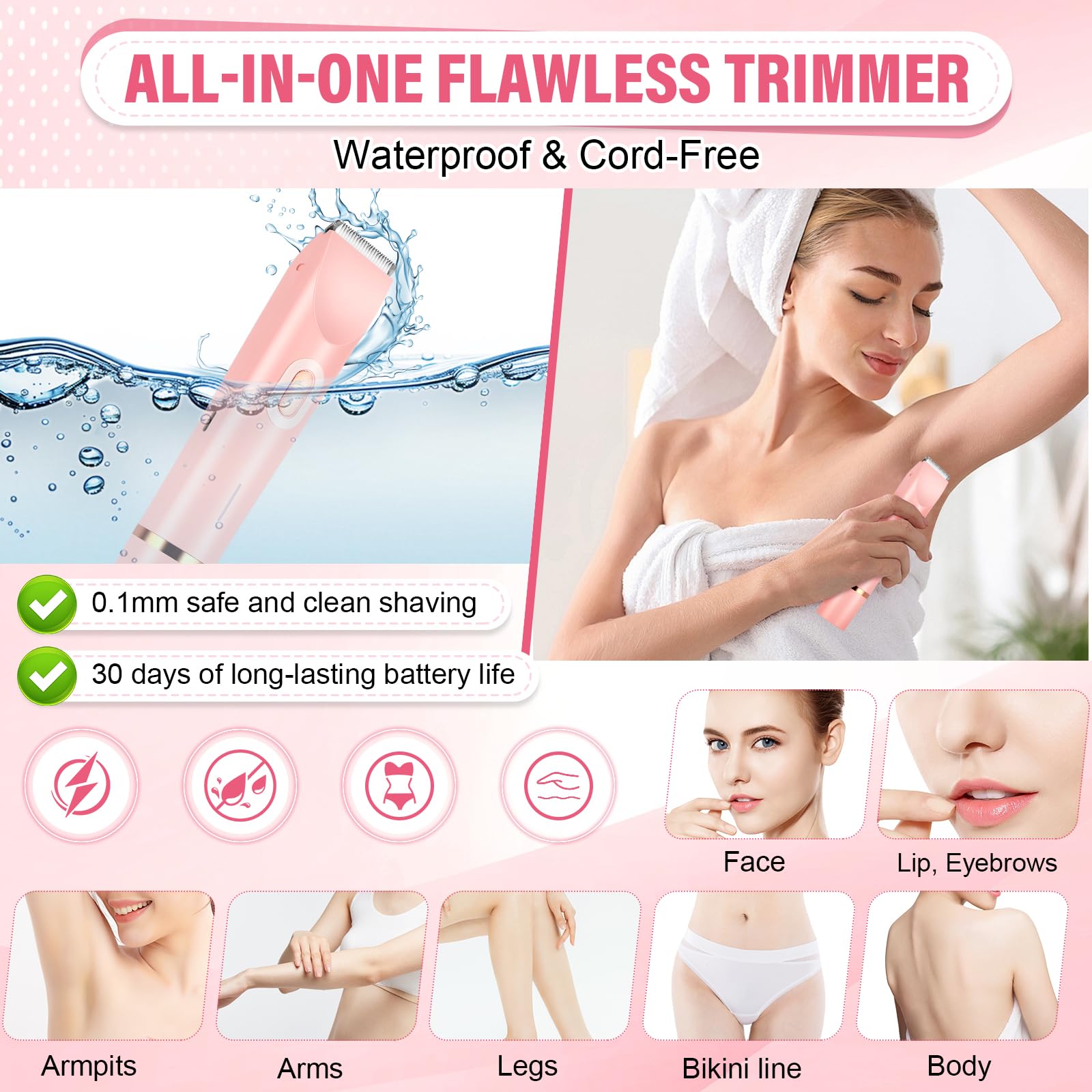 Women's Bikini Trimmer, 2-in-1 Electric Shaver for Bikini Line, Legs, Underarms, Face - Waterproof Women's Electric Shaver for Sensitive Skin, USB Rechargeable (Pink)
