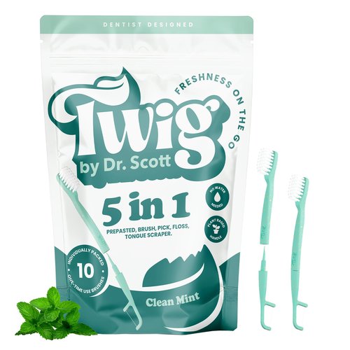 Twig by Dr. Scott 5-in-1 Disposable Toothbrush, 10 Pack - Ready to Go Prepasted Travel Toothbrush, No Water Needed - Floss, Pick, Tongue Scraper - Ergonomic Handle & Brush Head - Individually Wrapped