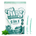 Twig by Dr. Scott 5-in-1 Disposable Toothbrush, 10 Pack - Ready to Go Prepasted Travel Toothbrush, No Water Needed - Floss, Pick, Tongue Scraper - Ergonomic Handle & Brush Head - Individually Wrapped