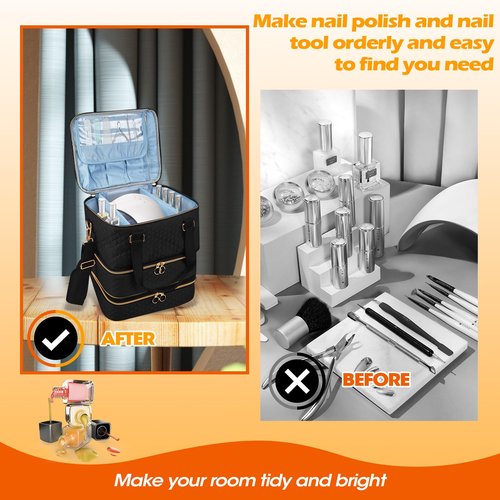 Cheungren Nail Bag Organizer Case - Three Layer Nail Polish Storage Bag with Adjustable Dividers Holds 84 Bottles Nail Polish Nail Lamp Nail Kit Supplies Organizer Box - Black