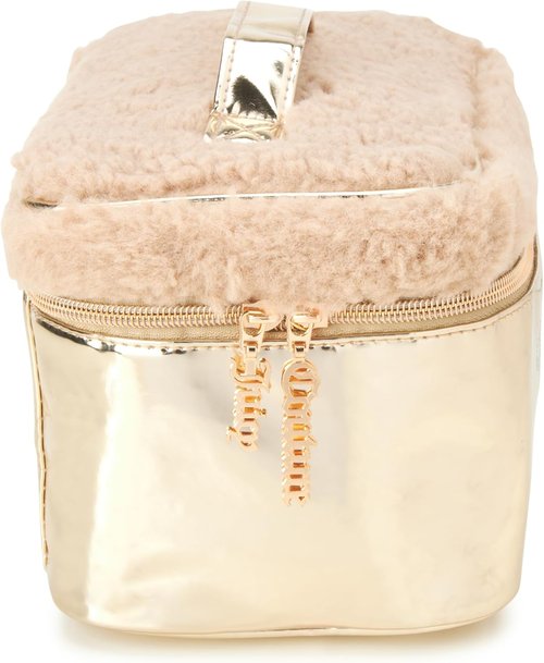 Juicy Couture Gold Makeup Bag - Shiny Rhinestones Travel Organizer | Faux Shearling Design