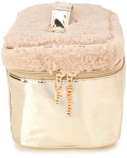 Juicy Couture Gold Makeup Bag Cosmetics Organizer Travel Essentials Train Case Shiny Rhinestones Faux Shearling