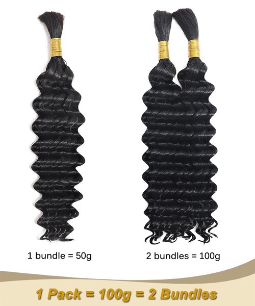 Beauty Youth Human Hair Braiding Hair Deep Wave Bulk Micro Braids Knotless for Black Women,20 Inch, 100g, No Weft, 13A Brazilian Virgin Human Hair, 2 Braids Per Pack - Natural Boho Style