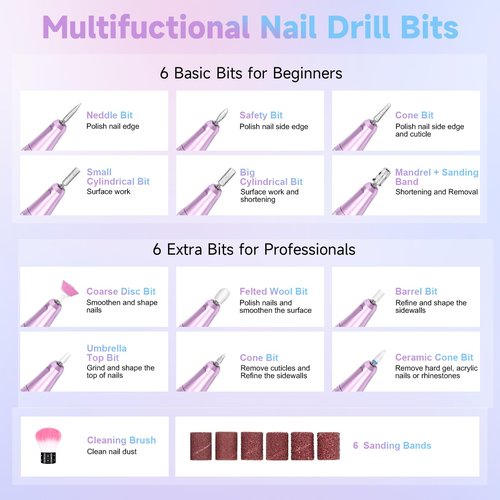 Nail Drill Professional, 35000RPM Electric Nail File Rechargeable, Portable Nail Drill Cordless Kit Efile for Acrylic Nails, Nail Dremel Manicure Perdicure for Salon & Home Use (Gradient)