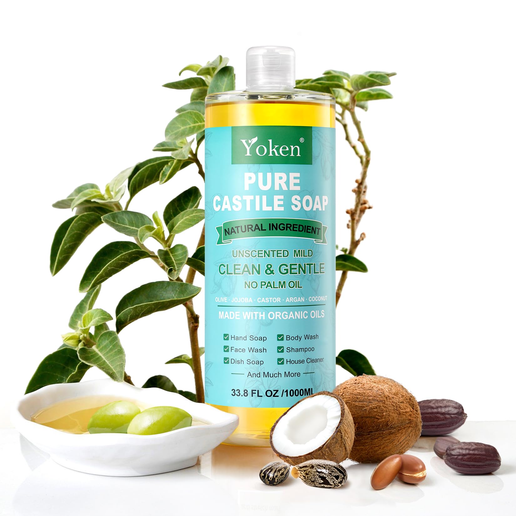 Yoken Pure Castile Soap Liquid Unscented 67 fl oz Castile Liquid Soap Made With Organic Oil, Clean & Gentle, No Palm Oil, Vegan, Natural Castille soaps for Face Body Hand Wash, Dishes Multi-purpose