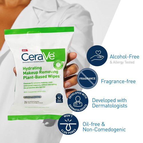 CeraVe Makeup Remover Wipes - Biodegradable Plant-Based Face Wipes | Fragrance-Free, 25ct for Sensitive Skin