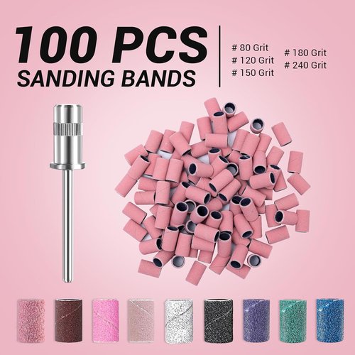 MelodySusie Nail Drill Bits - 100 Pcs Fine Grit Sanding Bands for Acrylic & Gel Manicures | 180 Grit