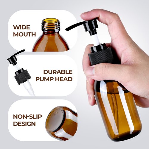 Homepicker 4 oz Amber Glass Pump Bottle, 125ml Small Lotion Dispenser Bottle for Body Massage Oil, Refillable Empty Hand and Dish Soap Dispensers Set with Storage Caps, Labels - 3 Pack
