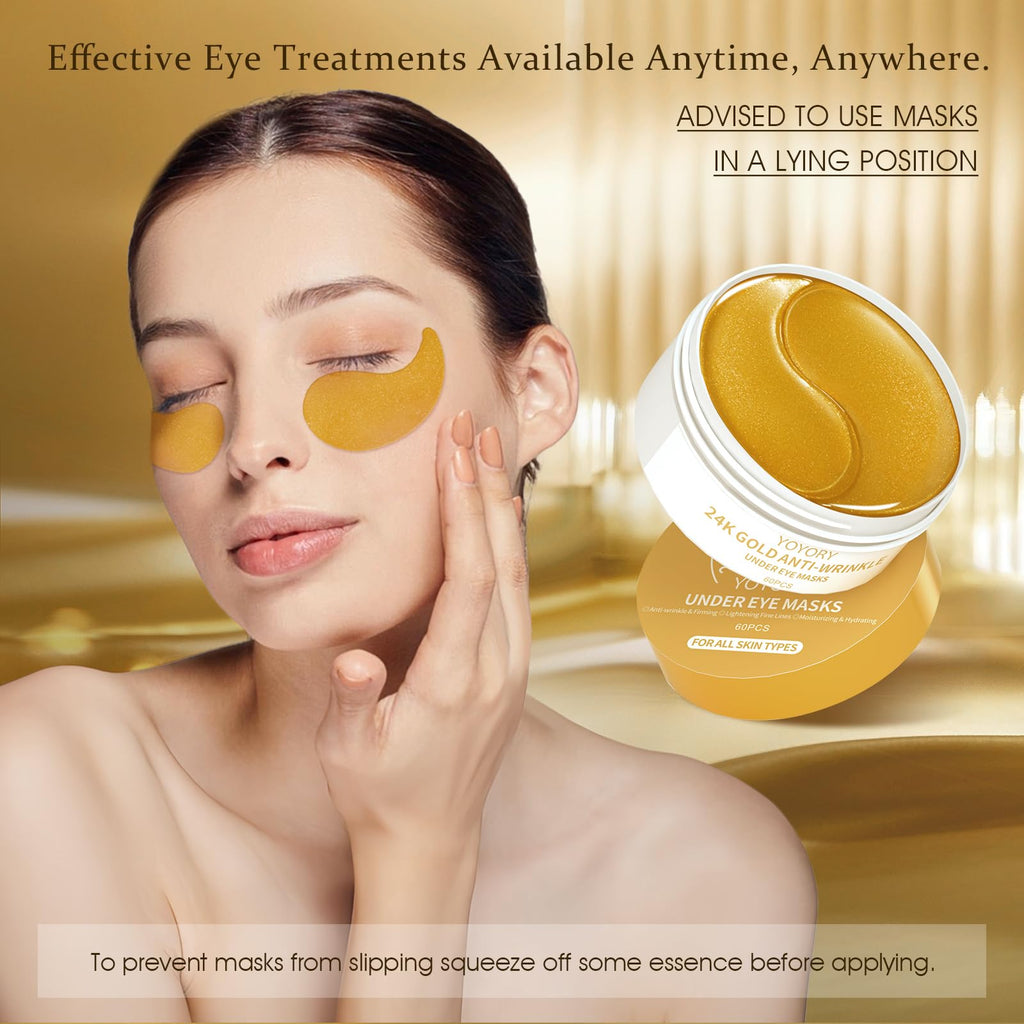 YOYORY Under Eye Patches Masks - 24K Gold Eye Patch for Dark Circles & Puffy Eyesg,Fine Lines,Eye Bags, Wrinkle,Contains Caffeine and Collagen, Hydration for Women and Men, (60 Pcs) Gold