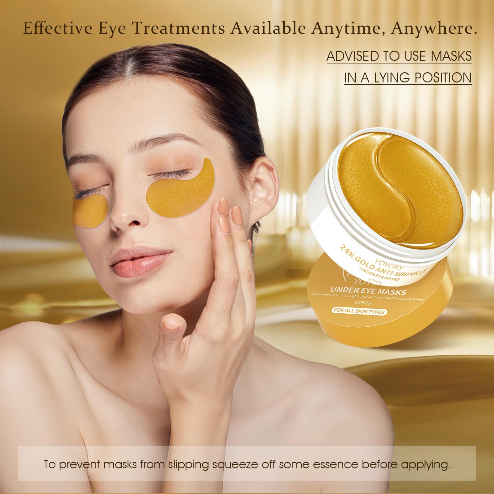 YOYORY Under Eye Patches Masks - 24K Gold Eye Patch for Dark Circles & Puffy Eyesg,Fine Lines,Eye Bags, Wrinkle,Contains Caffeine and Collagen, Hydration for Women and Men, (60 Pcs) Gold