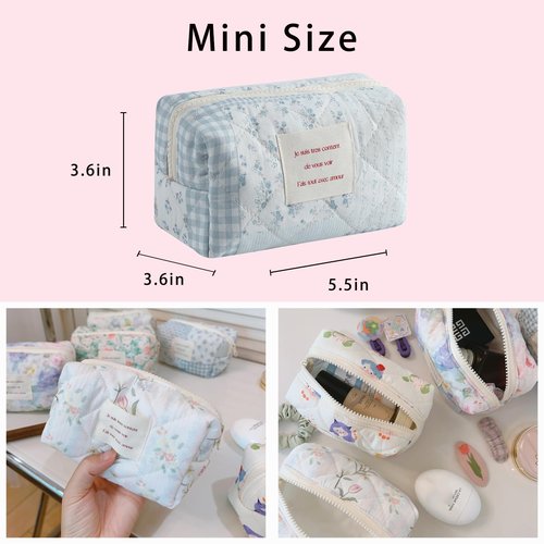 uekeboag Small Cute Floral Quilted Cotton Makeup Bag,Mini Coquette Quilted Cosmetic Pouch with Zipper,Kawaii Travel Toiletry Bags for Purse(01 Blue checked Flower)