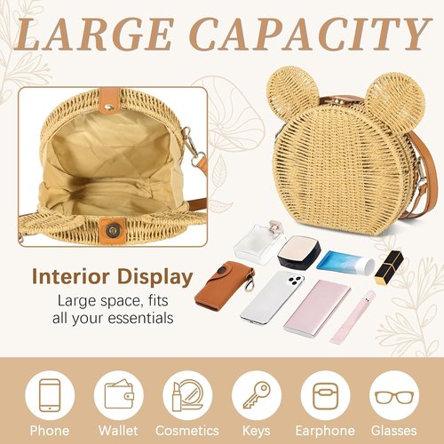 Skiennix Round Rattan Straw Bag - Handmade Cute Mouse Ear Wicker Purse | Crossbody Shoulder Handbag