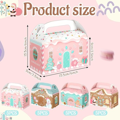 Skiennix 20 Pcs Pink Christmas Treat Boxes - 3D Gingerbread House Design for Cookies & Snacks