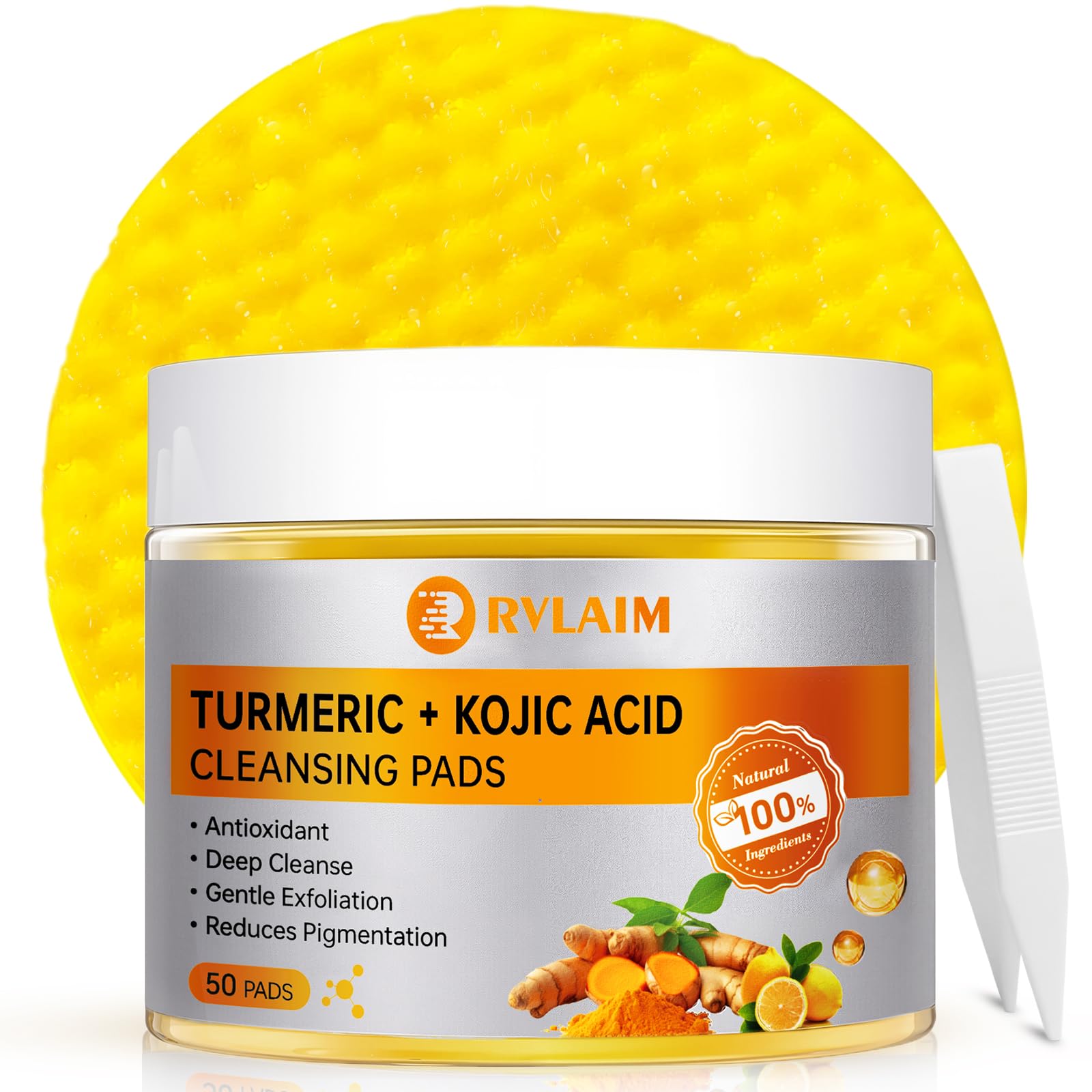 Turmeric Kojic Acid Cleansing Pads, 50 PCS Turmeric Pads for Face Dark Spots Cleansing & Exfoliation