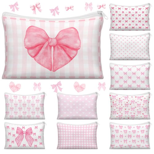 Reginary 10 Pcs Coquette Bow Cosmetic Bag for Women's Day Mother's Day Wedding Nurses Aesthetic Makeup Bag Lovely Heart Preppy Pouch Zipper Coquette Party for Bridal Shower Gift(Pink,Lovely Heart)
