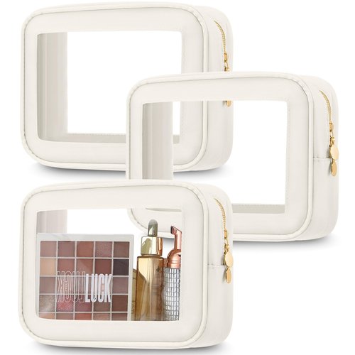 Abbylike 3 Pcs Clear Makeup Bags Car Cosmetic Bag with Zipper Nylon PVC Travel Toiletry Pouches Gifts for Women, Bridesmaid, Mom, Wedding Birthday Party Supplies(Cream White)