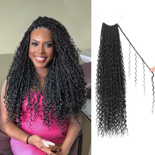 Goddess Locs Crochet Hair 18 Inch Faux Locs Crochet Pre-looped Boho Faux Loc with Curly Ends 8 Packs Long Bohemian River Loc Crochet Hair for Black Women(18Inch,1B#)