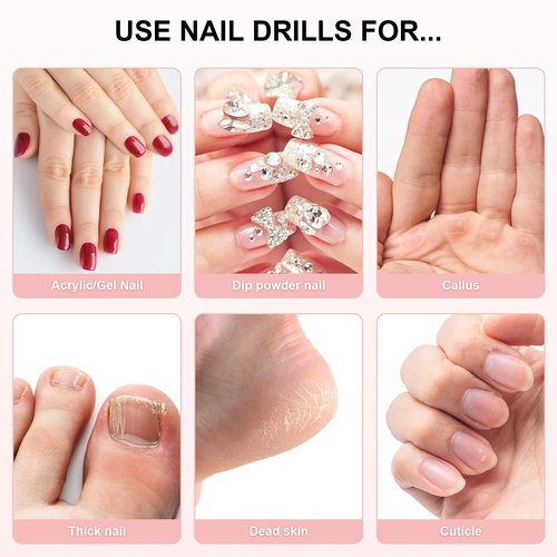 Nail Drill, Cordless Electric Nail Drill Machine for Acrylic Nail, Rechargeable Portable with Max 20000 RPM, 12 in 1 Kit Electric Nail File Efile Present for Beginner and Professional (Pink)