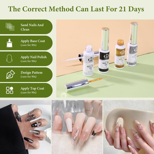Gel Nail Art Polish Set with Thin Brush – 4 Colors White Gel Nail Polish Black Silver Glitter Liner for Nail Art Design French Tips Soak Off UV/LED 8ml