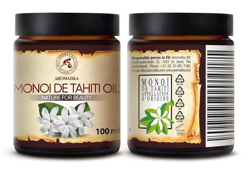 AROMATIKA Monoi de Tahiti Carrier Oil - Pure Cold Pressed Coconut Oil for Face & Body Care - 3.4 Fl Oz