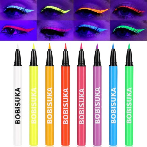 BOBISUKA UV Neon Liquid Eyeliner Set - 8 Matte Waterproof Pigmented Colors for Eye Makeup Gift