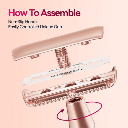 CAVEEM Rose Gold Double-Edge Safety Razor, Single-Blade Razors with 5 Stainless Steel Blades, Reusable Metal Razor for Men and Women